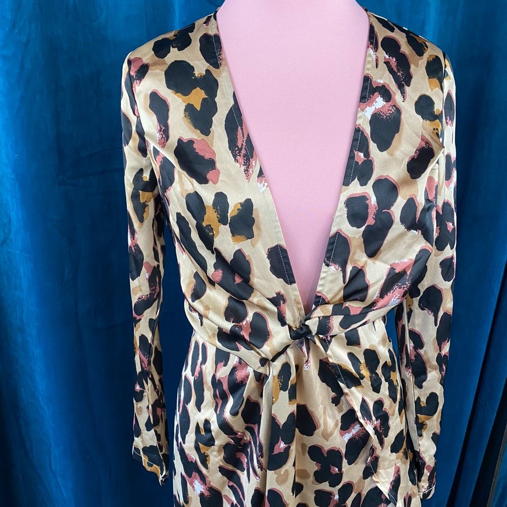 Pretty Little Thing  Leopard Asymmetric Hem Plunge Satin Dress - Picture 5 of 12